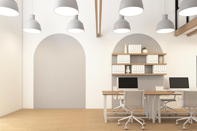 Minimalist office room with hanging lamp and wood desk white\
wall and wood floor 3d rendering