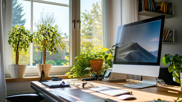 Minimalist Office Setup Desktop Computer with Window View