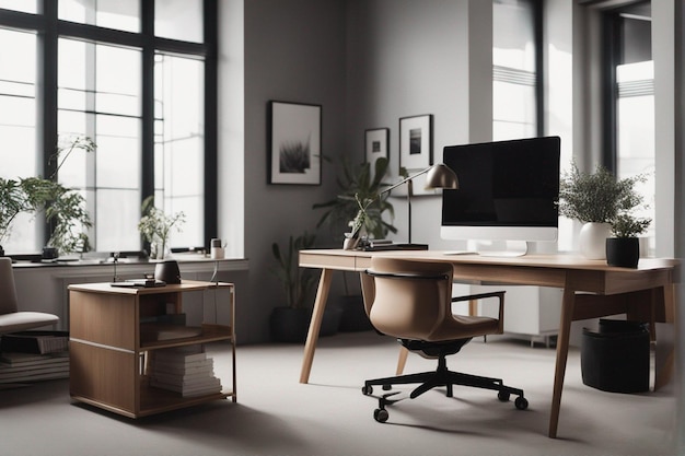 minimalist office with neutral colors and natural light