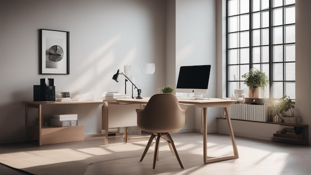 minimalist office with neutral colors and natural light