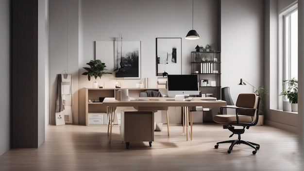 minimalist office with neutral colors and natural light