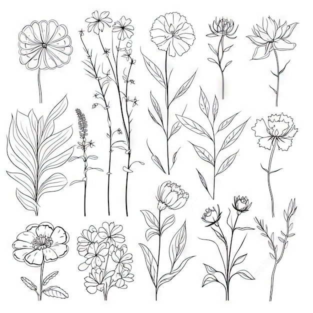 Photo minimalist oneline illustration set of flowers and plants