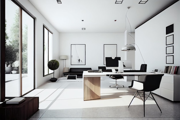 Minimalist open space office with clean lines and modern furniture created with generative ai