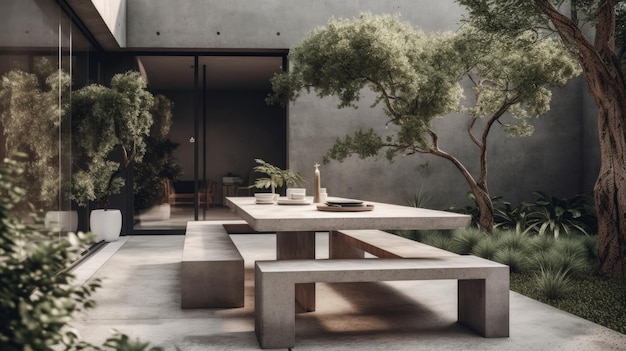 A minimalist outdoor dining area with a sleek concrete table and chic seating AI generated