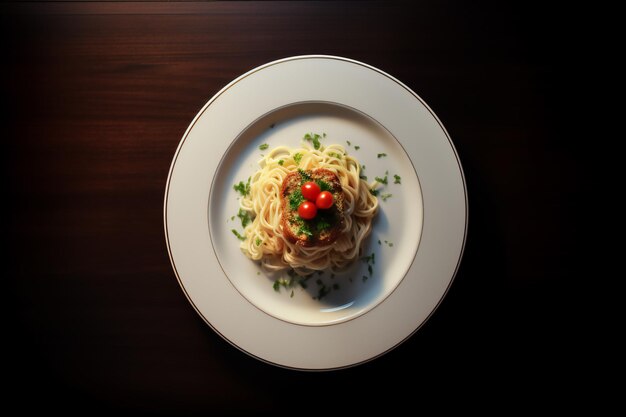 写真 上にチェリートマトのスパゲッティが入った白い皿の最小限のオーバーヘッドイメージ