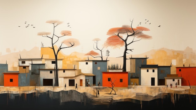 A minimalist painting of a simple West African village set against a backdrop of lush green hills Created with Generative AI