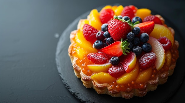 Минималистская фотография, изображающая одну выпечку, украшенную яркими свежими фруктами