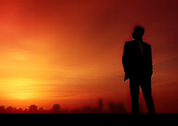 A minimalist photograph of a businessman's silhouette against a backdrop of a glowing sunset