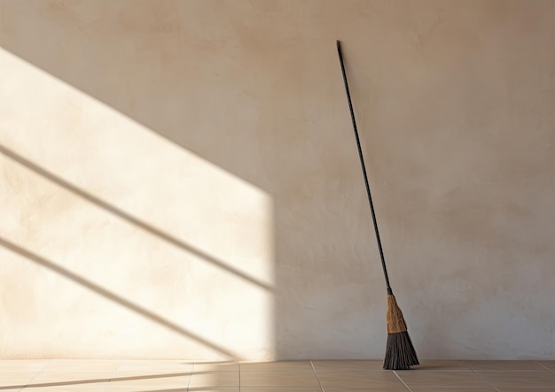 A minimalist photograph of a janitor's broom leaning against a wall with stark contrasts between