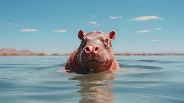 Photo minimalist photography cute hippopotamus swimming in maroon and skyblue waters