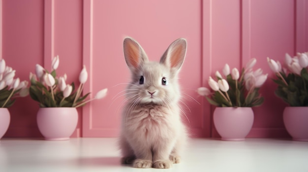 Minimalist Photography Cute Rabbit With Pink Tulips In Pink Bedroom