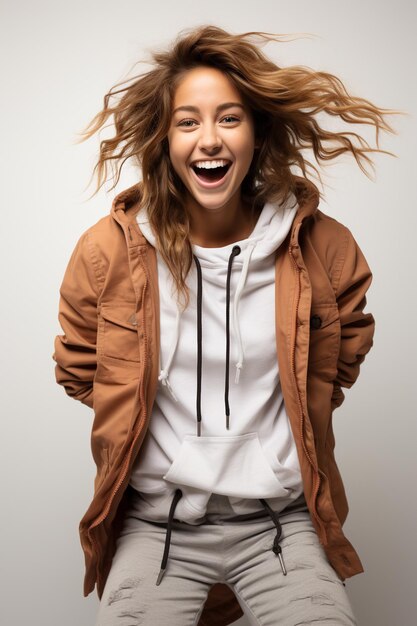 Minimalist photography of teenager girl with excited expression isolated white background