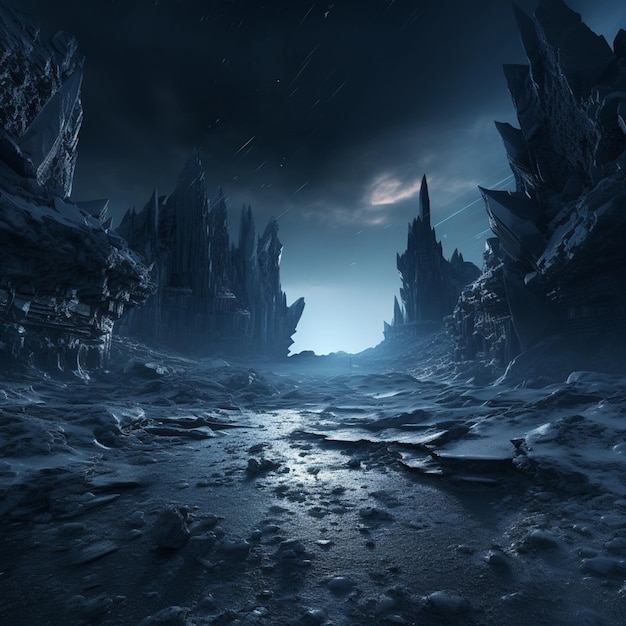 月明かりに照らされた空の下、氷の遺跡の謎めいた魅力を明らかにするミニマルな写真