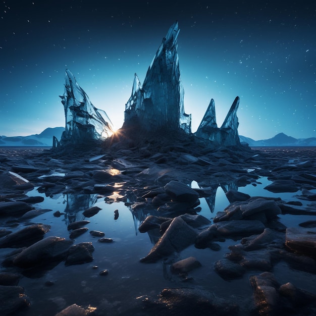 minimalist photography that unveils the enigmatic allure of ice ruins beneath the moonlit sky