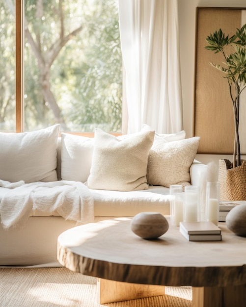 A minimalist photography of a white couch accentuated by soft pillows and complemented by a simple coffee table