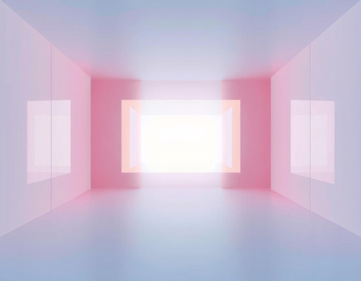 Minimalist pink and blue room with a glowing rectangular light in the center
