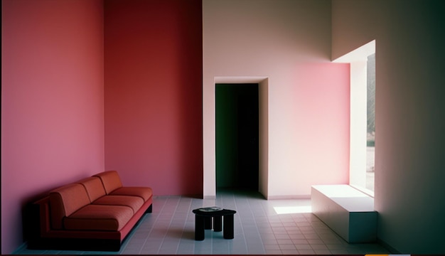 日光のきれいなインテリア デザイン コンセプトのシンプルなピンクのリビング ルーム
