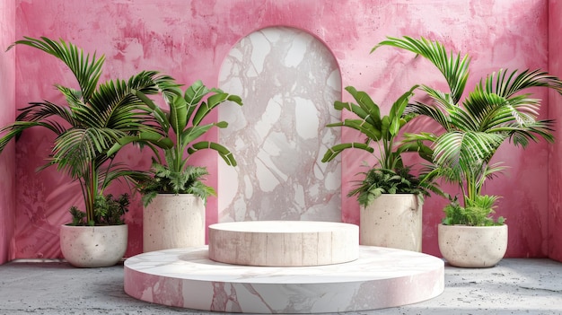 Minimalist pink podium with arch and plant