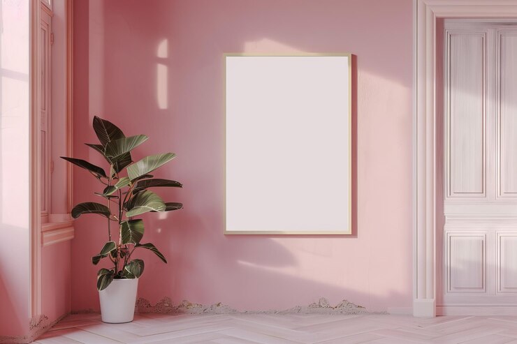 Photo minimalist pink room with blank frame