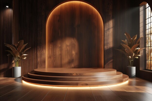 A minimalist podium adorned with rich dark wood textures