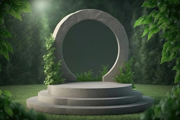 A minimalist podium decorated with plants creating a natural and peaceful ambiance with clean lines Generative AI