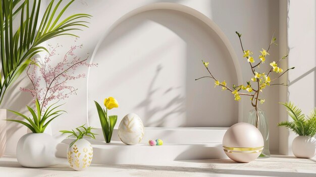 minimalist podium with Easter decor with an arch and dried flowers