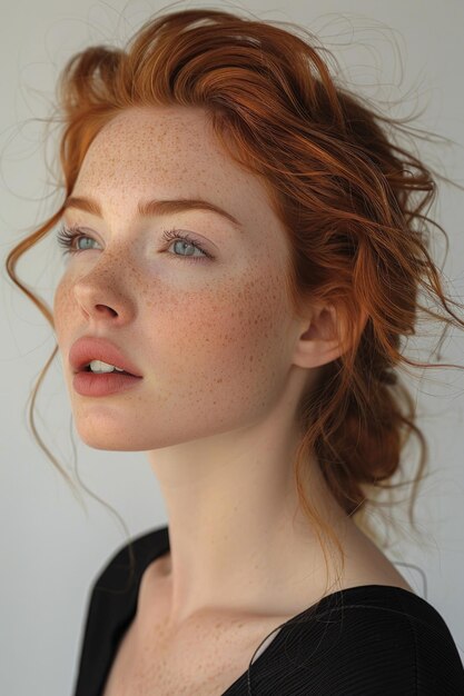 A minimalist portrait of a redhead female model against a white background