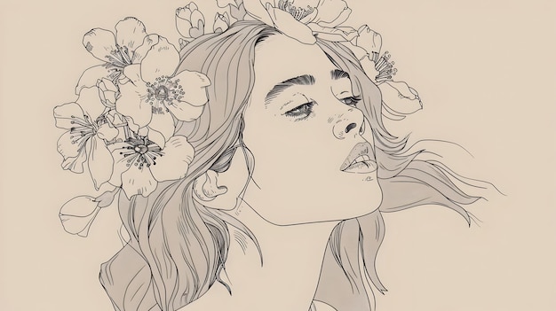 Minimalist Portrait of a Woman Adorned with Floral Hair in Biodegradable Inks Reflecting Her