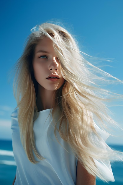 사진 미니멀리즘적 인 금발 아름다움의 초상화 그녀의 에테리얼 금발 머리카락은 밝은 하늘과 완벽하게 을 이루고 있습니다.