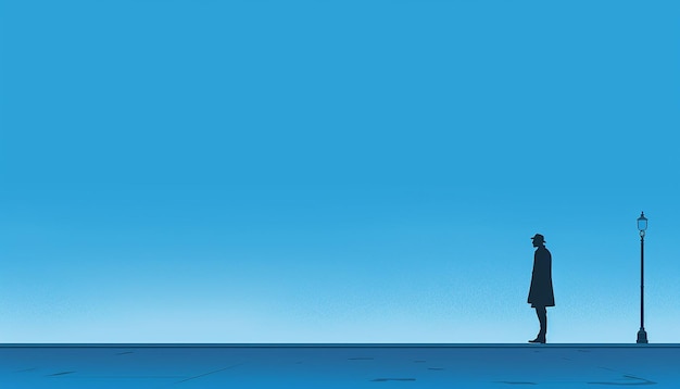 A minimalist poster for blue monday featuring a lone figure silhouetted against a vast