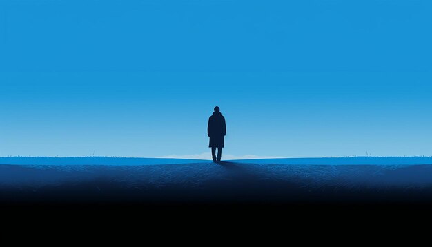 A minimalist poster for blue monday featuring a lone figure silhouetted against a vast