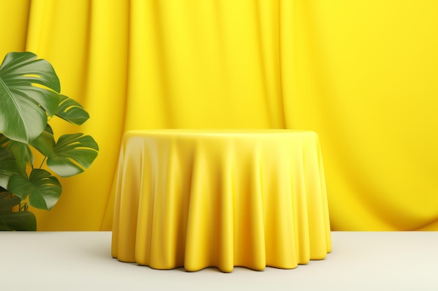 Minimalist product display white top table and fabric cloth against vivid yellow summer background