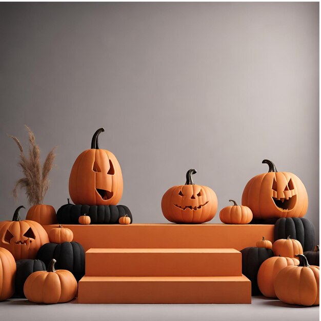 Foto stage di prodotto minimo con un podio arancione zucche e decorazione di halloween