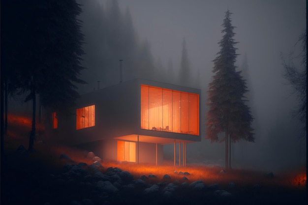 Minimalist rectangular house in a foggy night