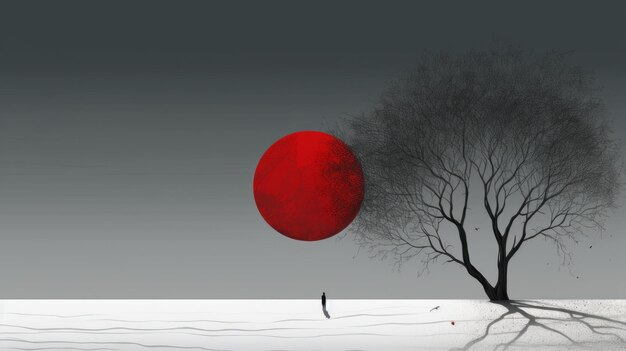Premium AI Image | Minimalist Red Ball For Tree Dark Silver And Red Art