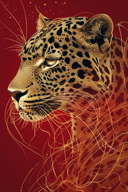 Photo minimalist red fractal high fashion golden leopard thin line drawing generative ai