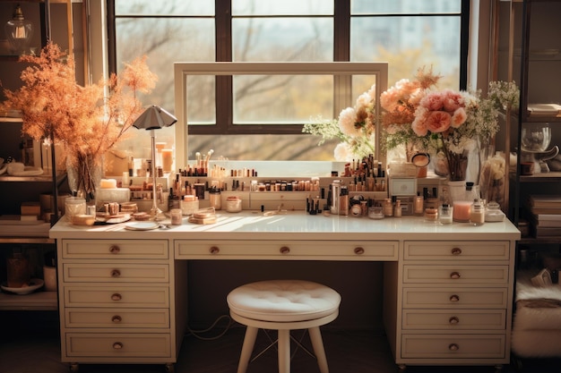 Minimalist refuge room with large mirror organized dressing table and soft tones generative IA