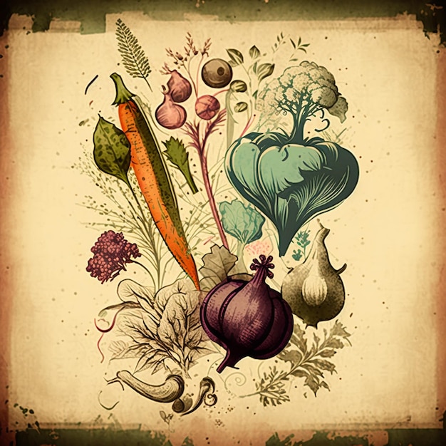 Минималистская ретро-иллюстрация с овощами и фруктами Абстрактное современное современное искусство Винтажный стиль