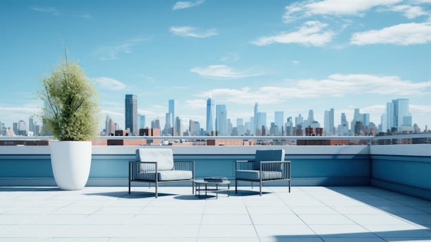 A minimalist rooftop scene with sleek furniture contrasting the uninterrupted skyline captures urban serenity