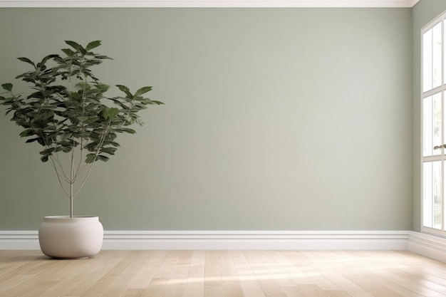 Minimalist room decorated with a plant with a green background with a dim light coming from a window