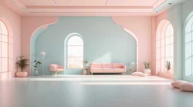 Минималистский интерьер комнаты с простой мебелью в пастельных тонах