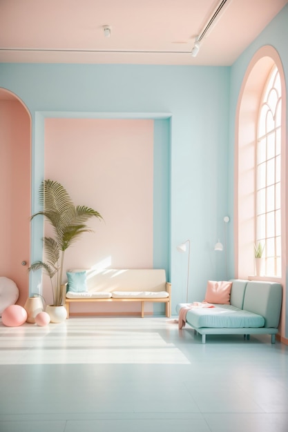 Minimalist room interior with simple furniture with pastel tone colors