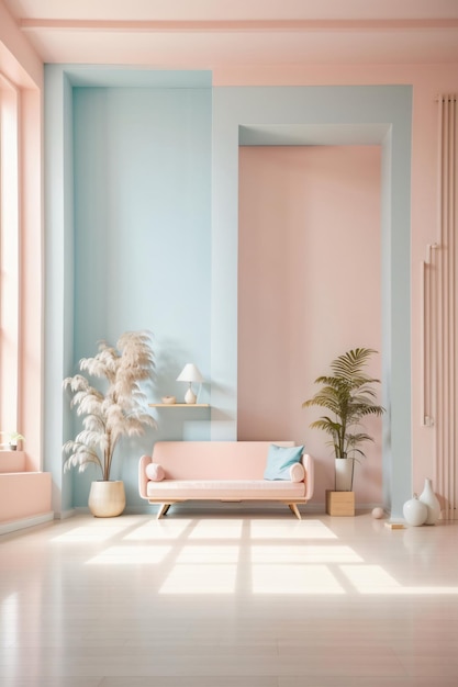 Минималистский интерьер комнаты с простой мебелью в пастельных тонах