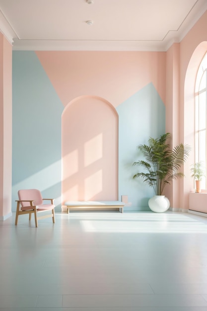 Minimalist room interior with simple furniture with pastel tone colors