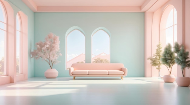 Minimalist room interior with simple furniture with pastel tone colors