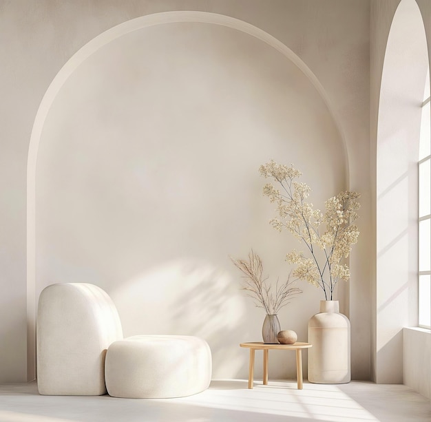 Foto studio di stanza minimalista con parete ad arco nei colori beige bianco modello di interior per l'arte murale