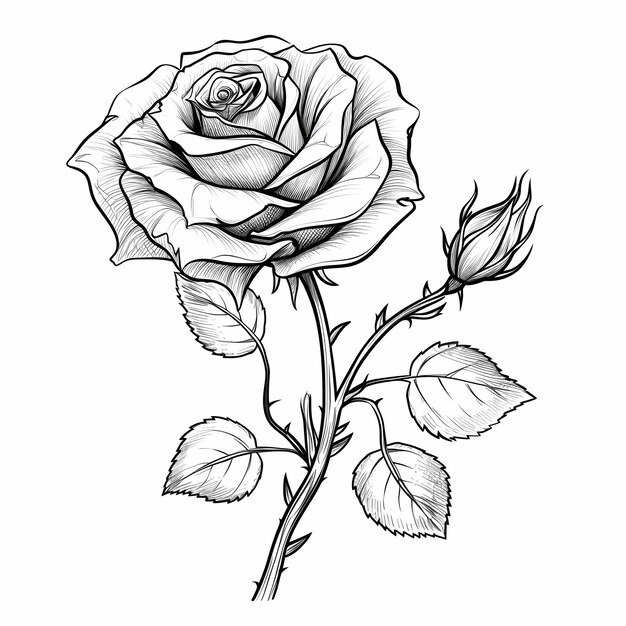 ミニマリストのバラのスケッチ 手描きの黒と白のラインアート 詳細なし