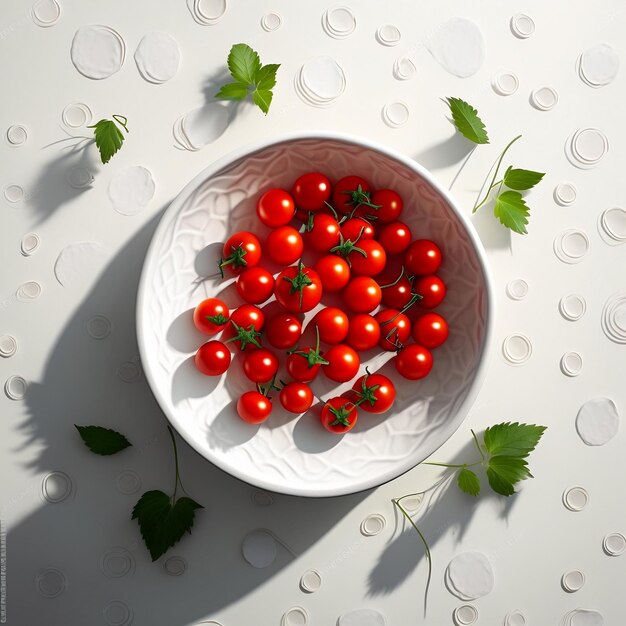 クリーム色のテーブル クロスに赤いチェリー トマトが付いたミニマリストの丸い白いセラミック ボウル 生成 AI