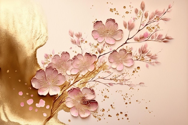 シンプルなさくら桜ピンクとゴールドのグリーティング カード テンプレート イラスト