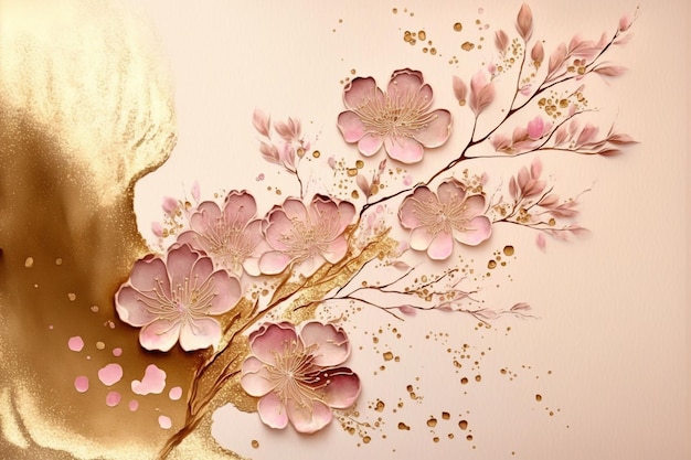 Minimalist sakura cherry blossom pink and gold greeting card template illustration